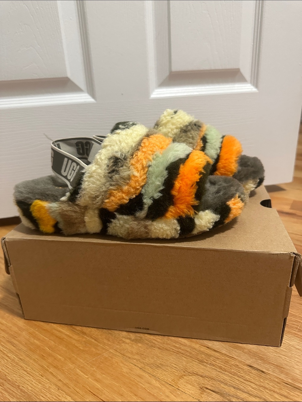 UGG Women Multicolor Fuzzy Slide Sandals - Orange, Green, Cream, Black, Brown